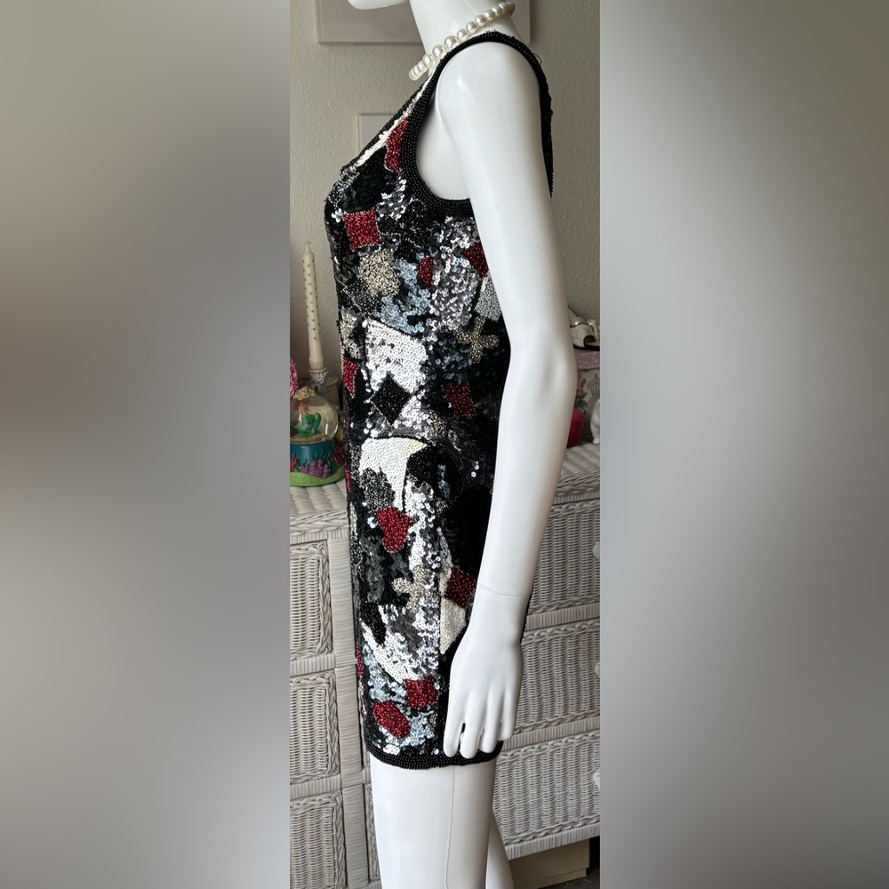 Vintage Oleg Cassini Sequin Silk Mini Dress BodyCon Low Cut Black & White Size 4 - Picture 7 of 12